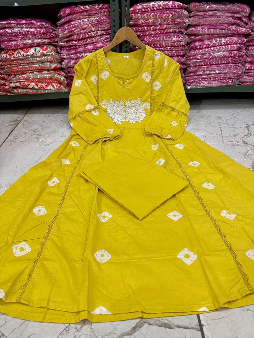 Bandage Discharge Print Cotton Kurta Pant Set with Adda & Embroidered Lace Work