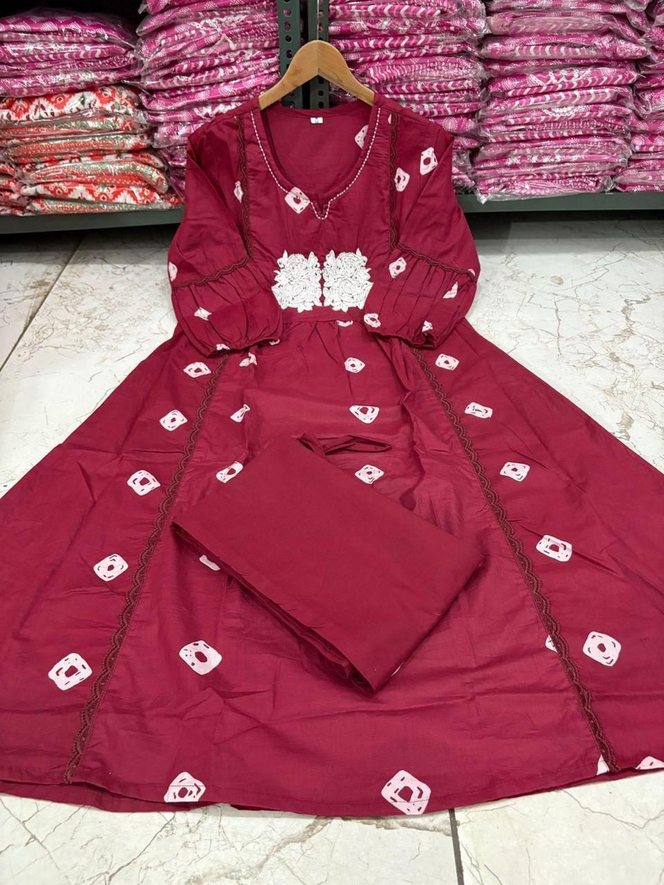 Bandage Discharge Print Cotton Kurta Pant Set with Adda & Embroidered Lace Work