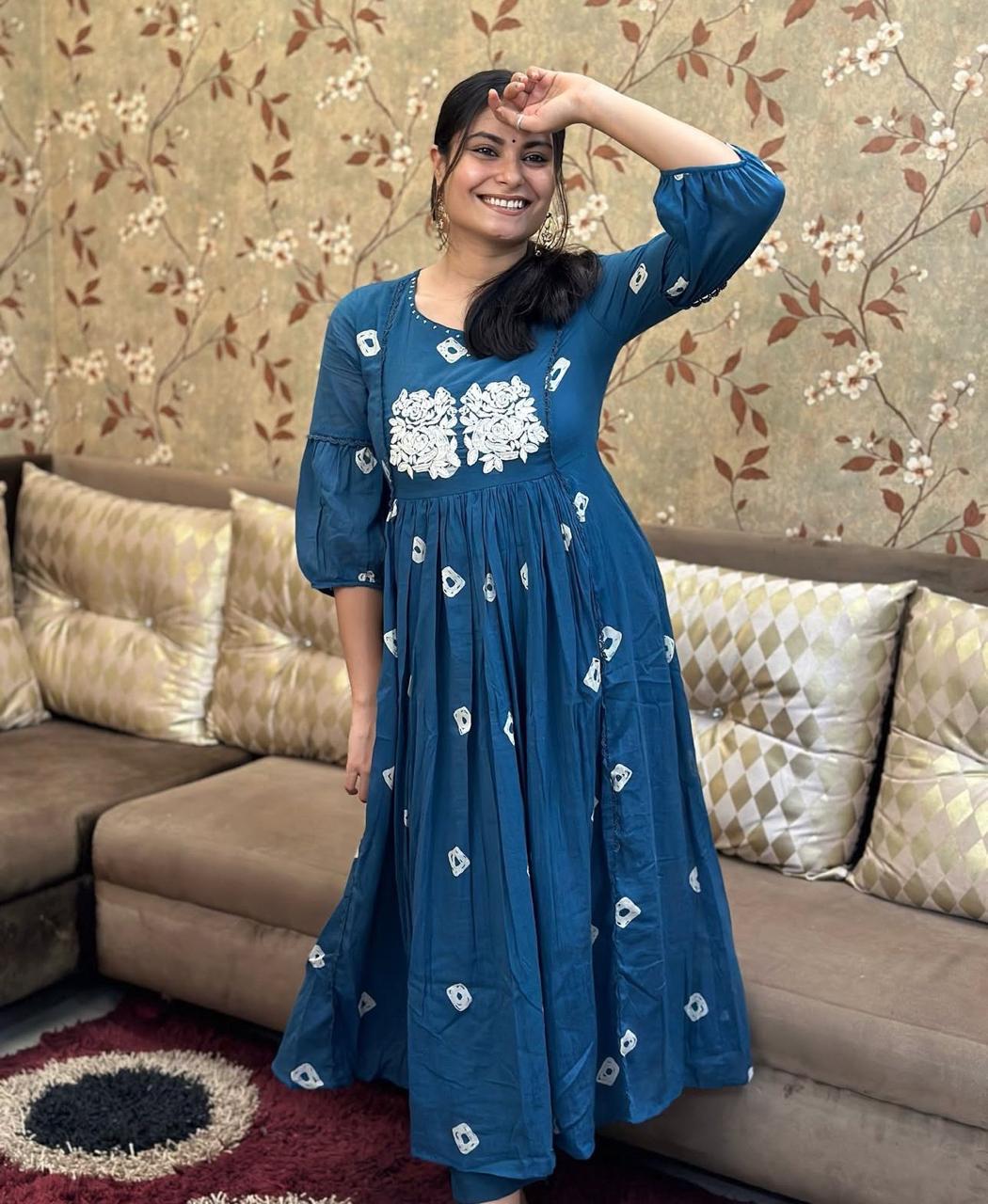 Bandage Discharge Print Cotton Kurta Pant Set with Adda & Embroidered Lace Work