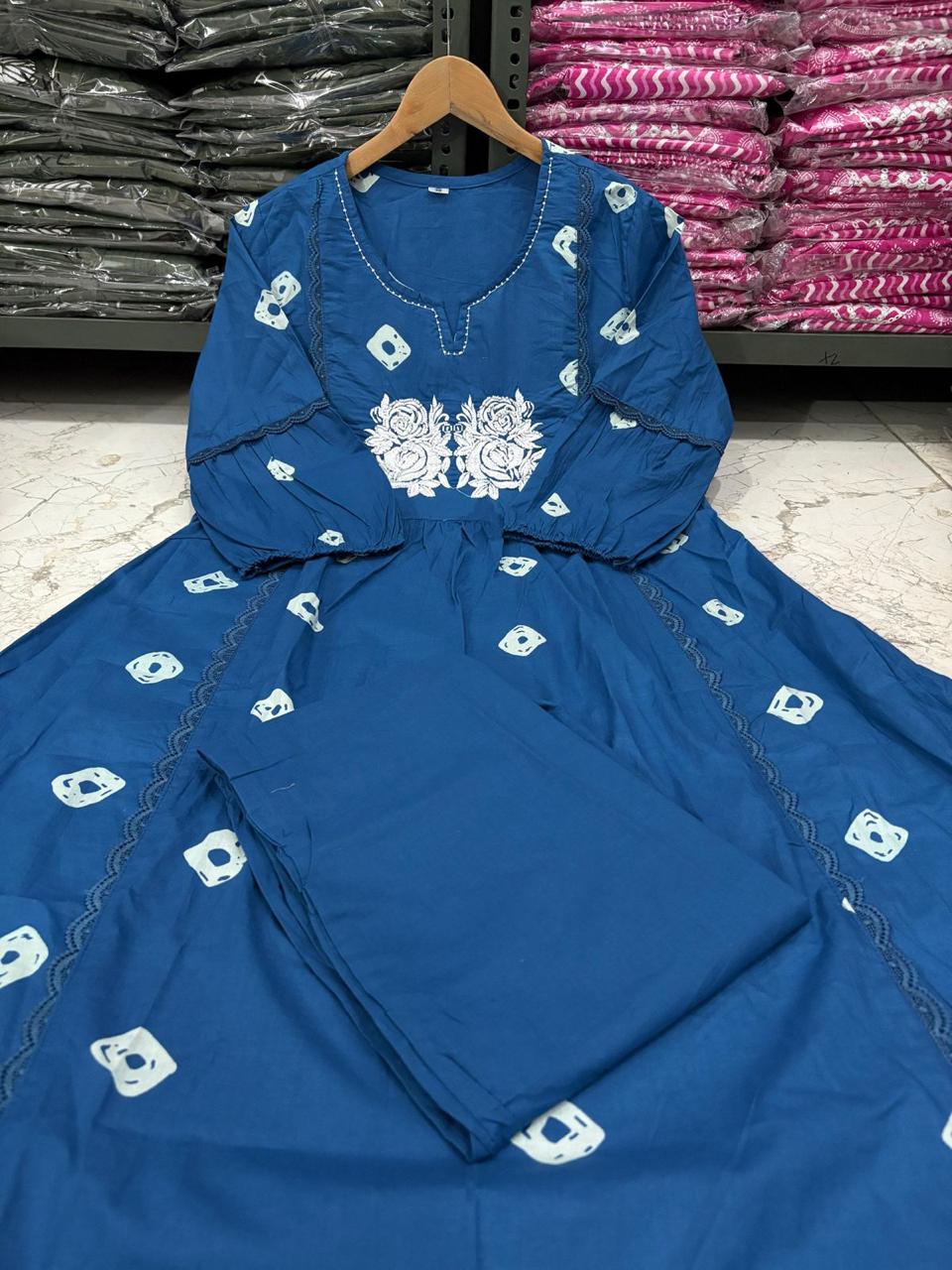 Bandage Discharge Print Cotton Kurta Pant Set with Adda & Embroidered Lace Work
