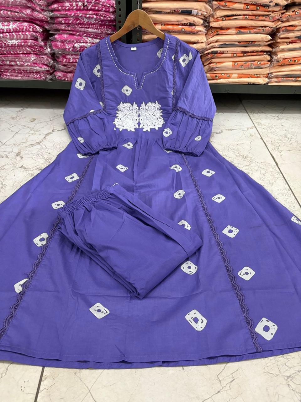 Bandage Discharge Print Cotton Kurta Pant Set with Adda & Embroidered Lace Work
