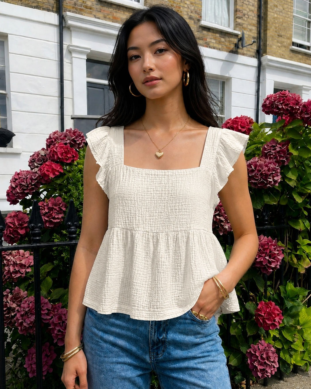Ruffle Strap Bow Detail Top in Off White
