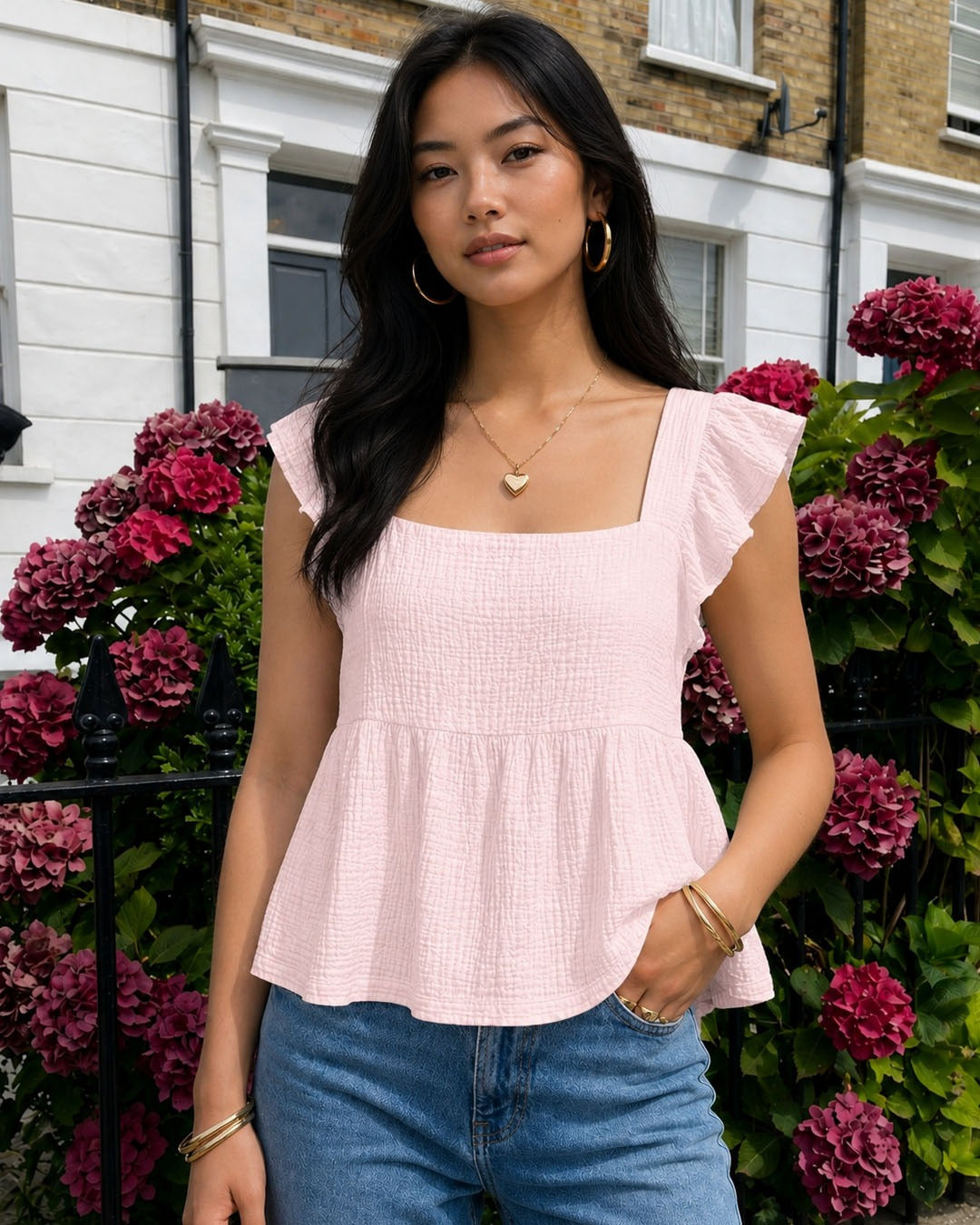 Ruffle Strap Bow Detail Top  in Baby Pink