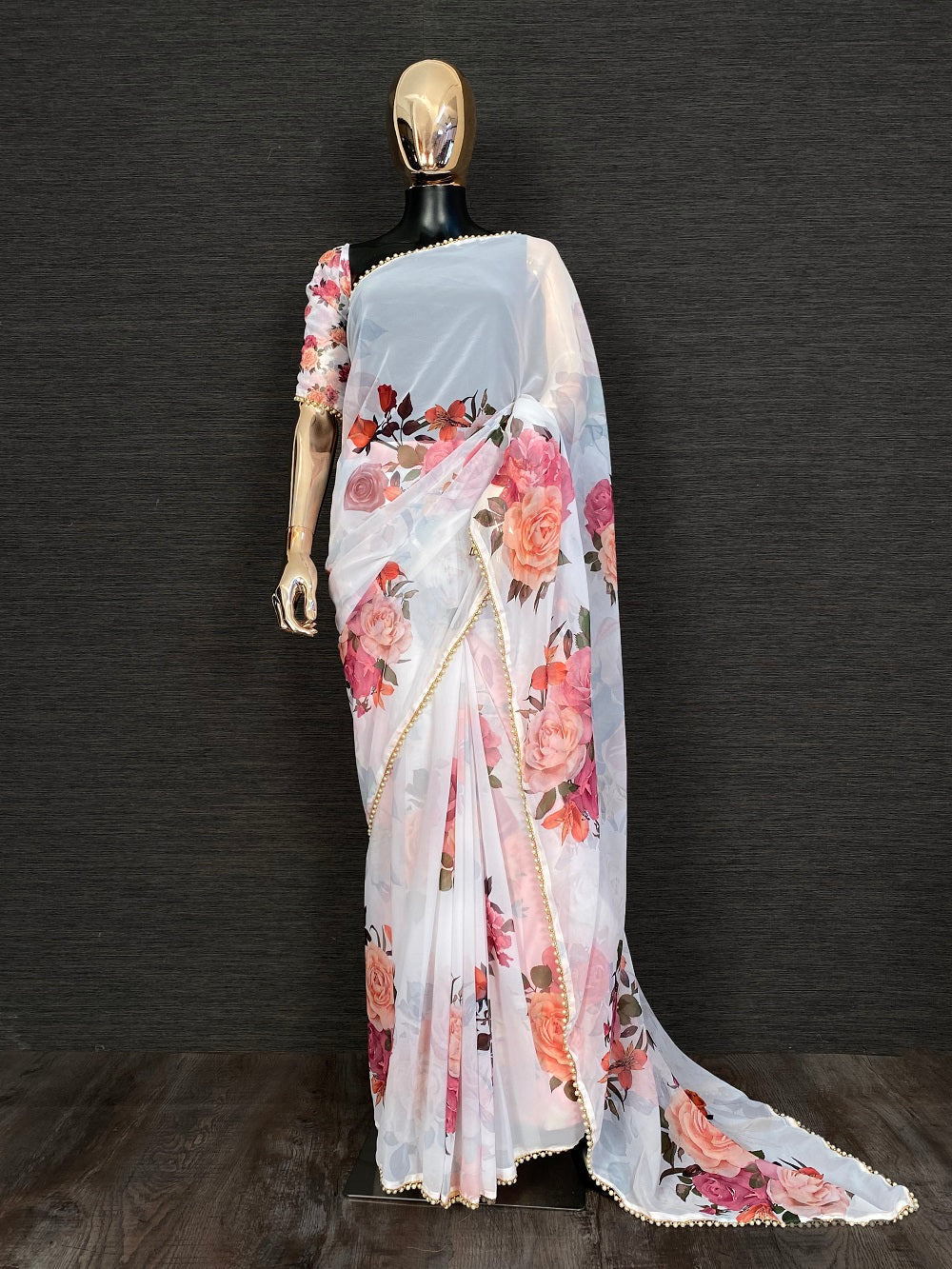 White Color Floral Digital Printed Georgette Saree With Pearl Lace Border