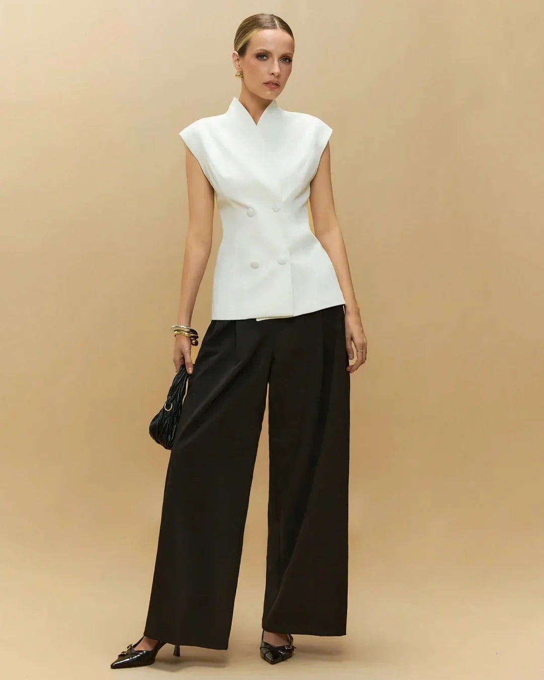 White Asymmetrical Buttoned Structured Waistcoat
