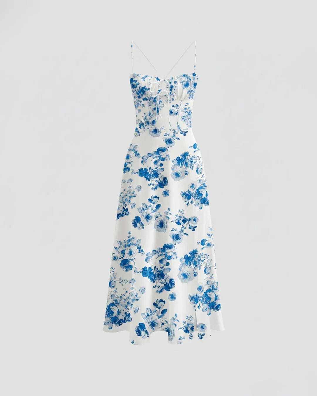 White & Blue Floral Spaghetti-Strap Midi Dress