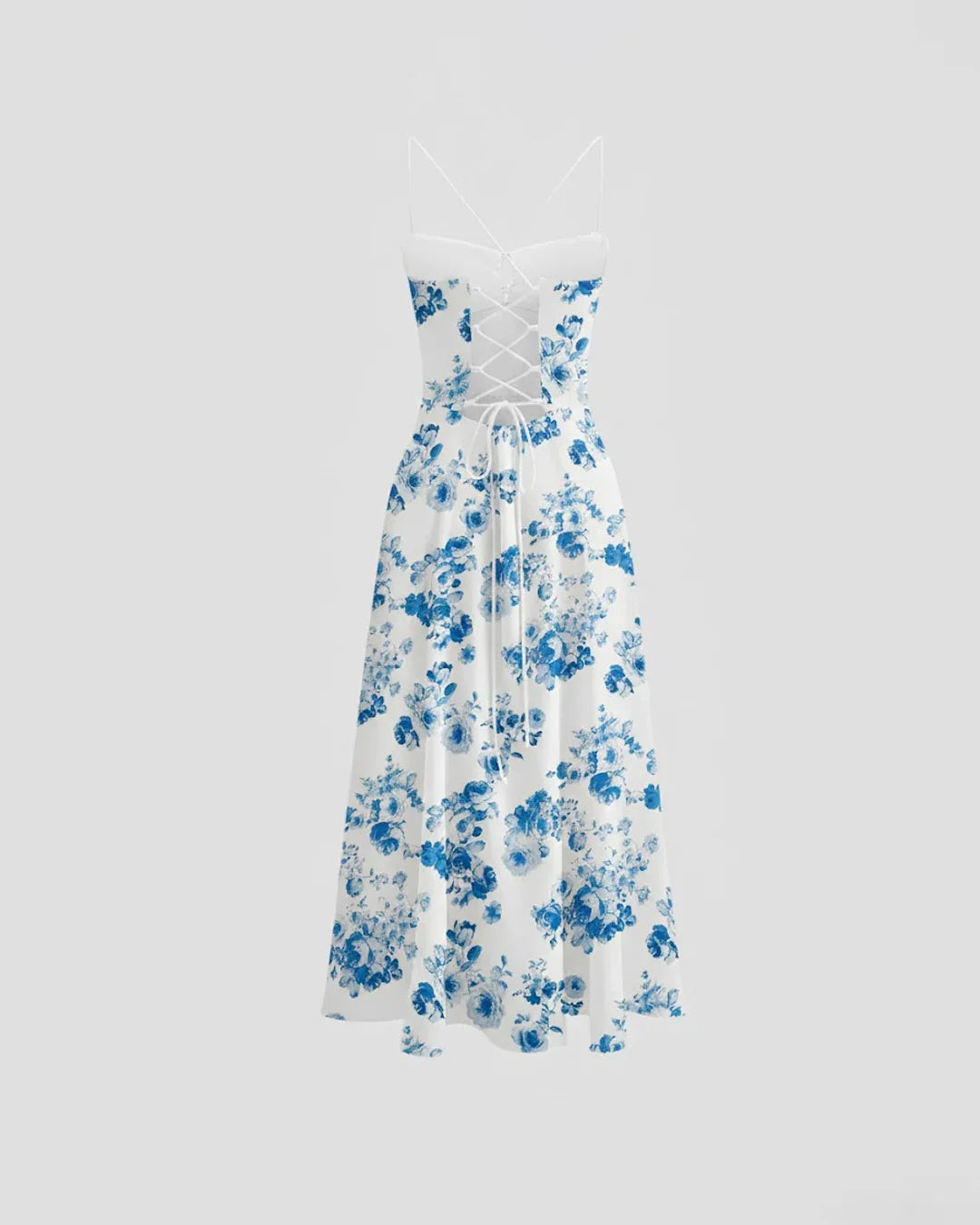 White & Blue Floral Spaghetti-Strap Midi Dress