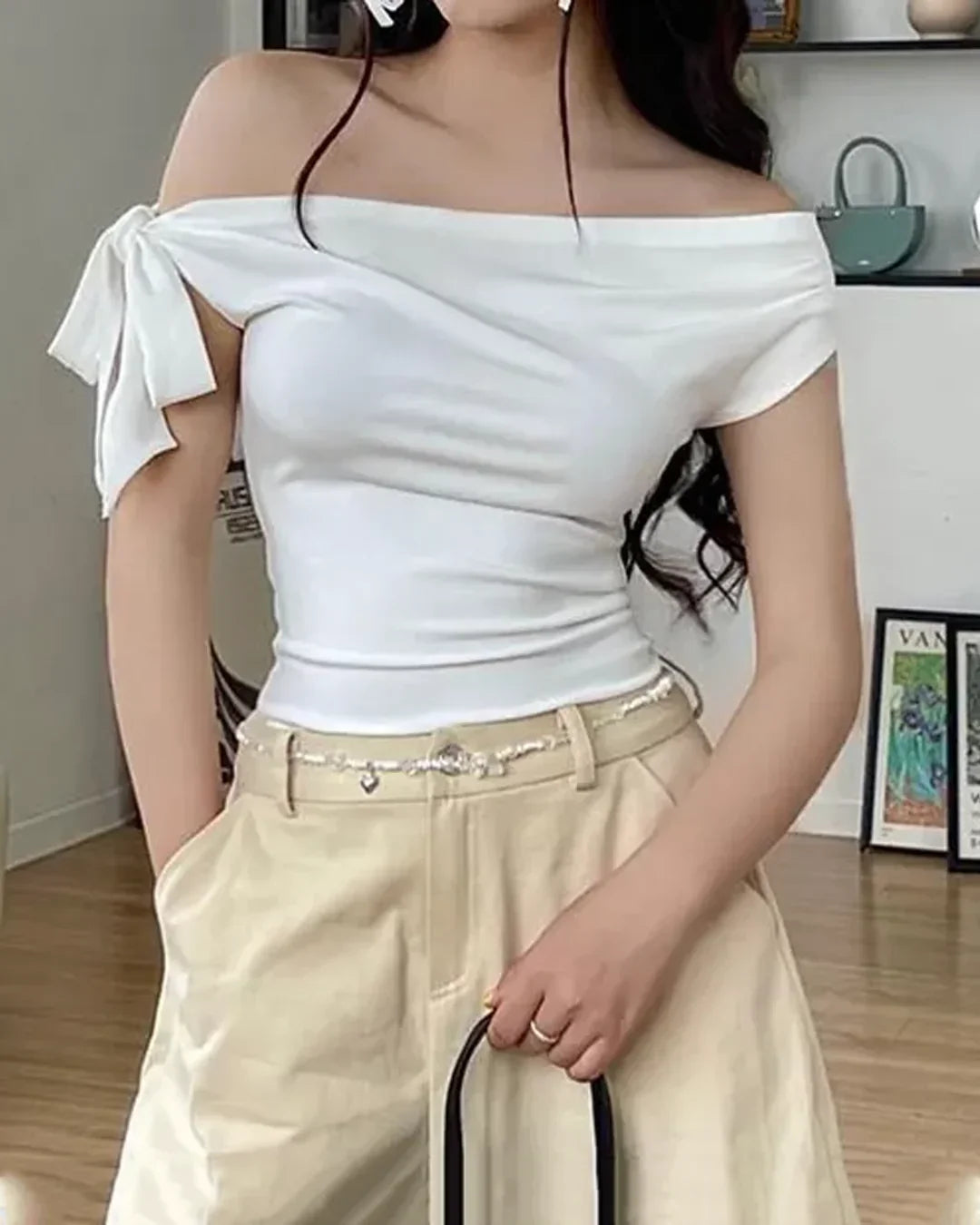 White Off-Shoulder Tie-Sleeve Fitted Crop Top