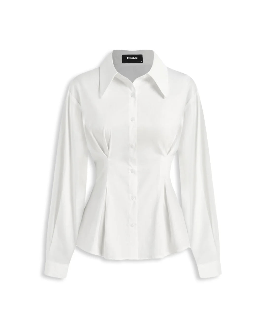 White Shirt with Pleated Peplum Waist and Button Closure