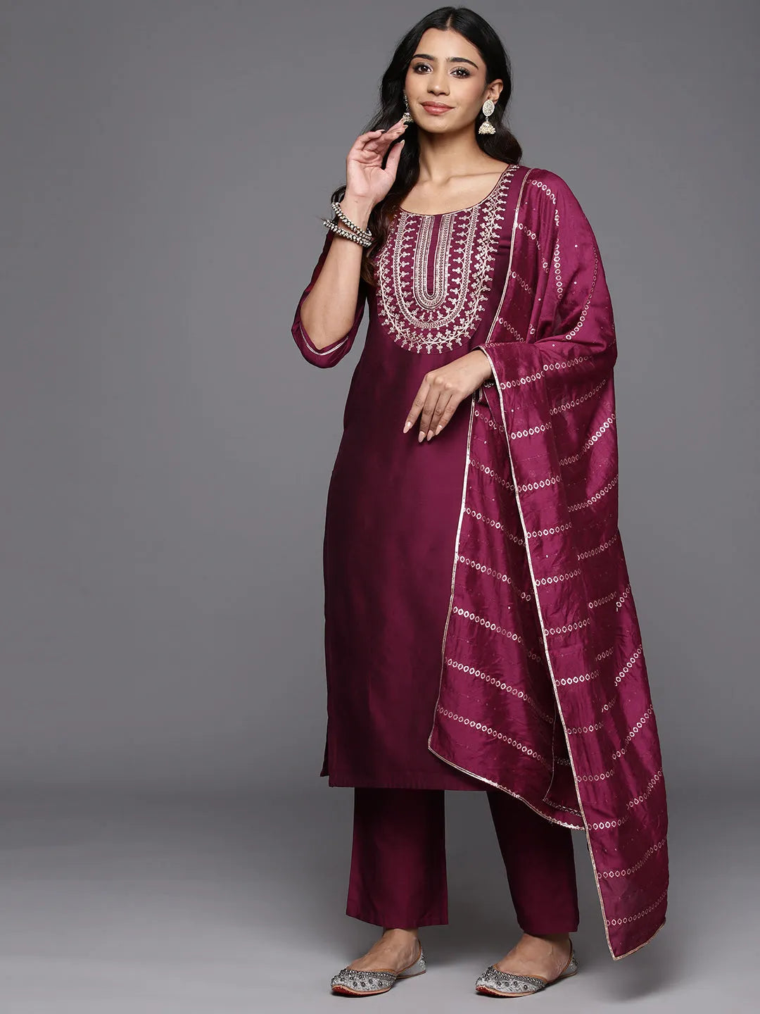 Anouk Wine Yoke Design Silk Blend Straight Suit With Dupatta