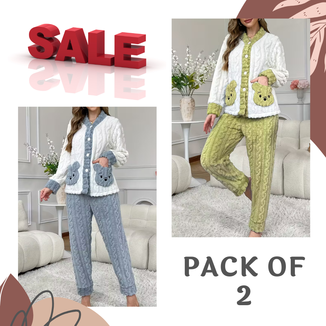 Pack Of 2 Women’s Winter Loungewear Set – Bear Embroidery, Soft And Comfortable