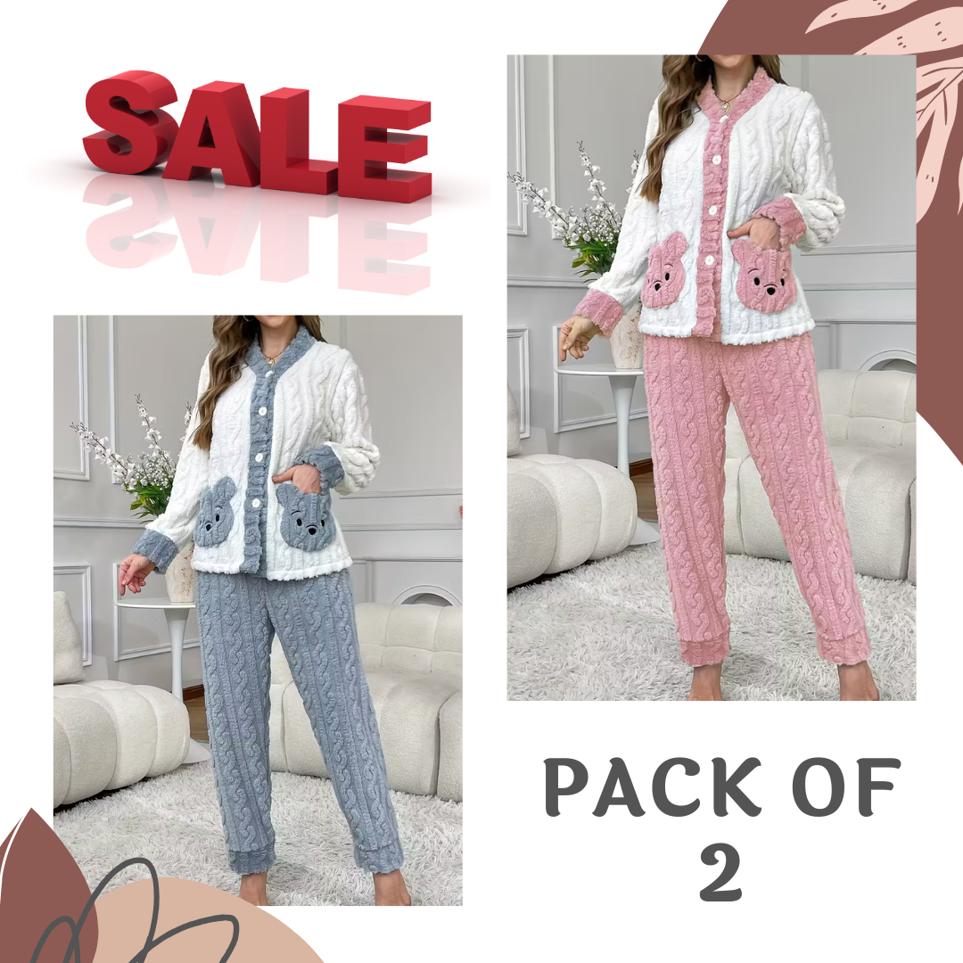 Pack Of 2 Women’s Winter Loungewear Set – Bear Embroidery, Soft And Comfortable