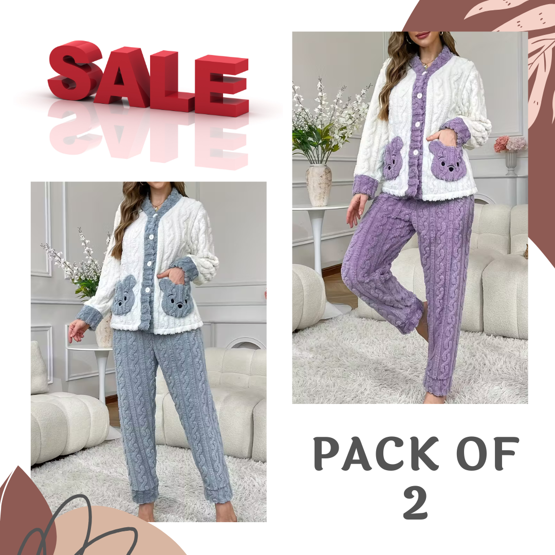 Pack Of 2 Women’s Winter Loungewear Set – Bear Embroidery, Soft And Comfortable