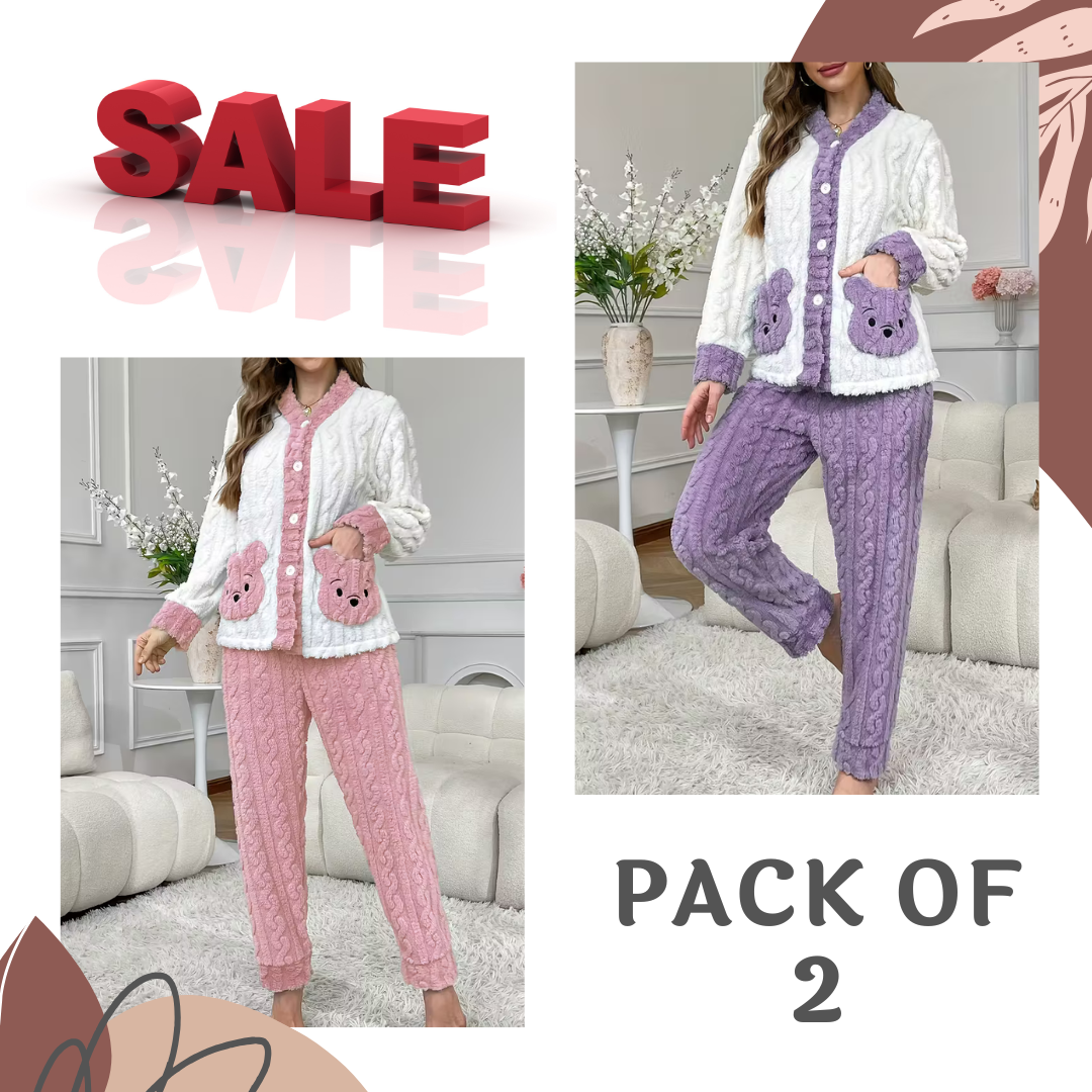Pack Of 2 Women’s Winter Loungewear Set – Bear Embroidery, Soft And Comfortable