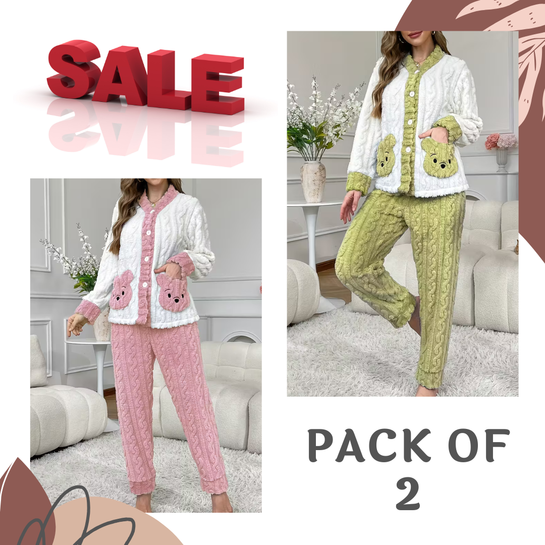 Pack Of 2 Women’s Winter Loungewear Set – Bear Embroidery, Soft And Comfortable