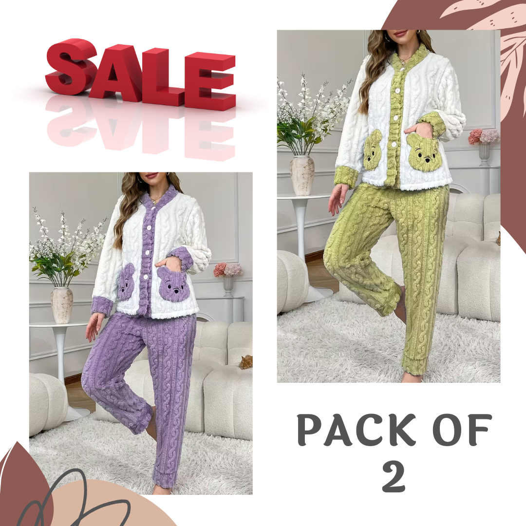 Pack Of 2 Women’s Winter Loungewear Set – Bear Embroidery, Soft And Comfortable