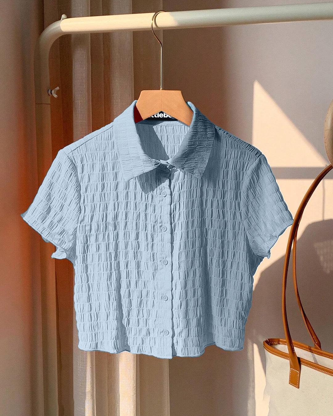 Women Fashionable Light Blue Knitted Short Sleeve Blouse