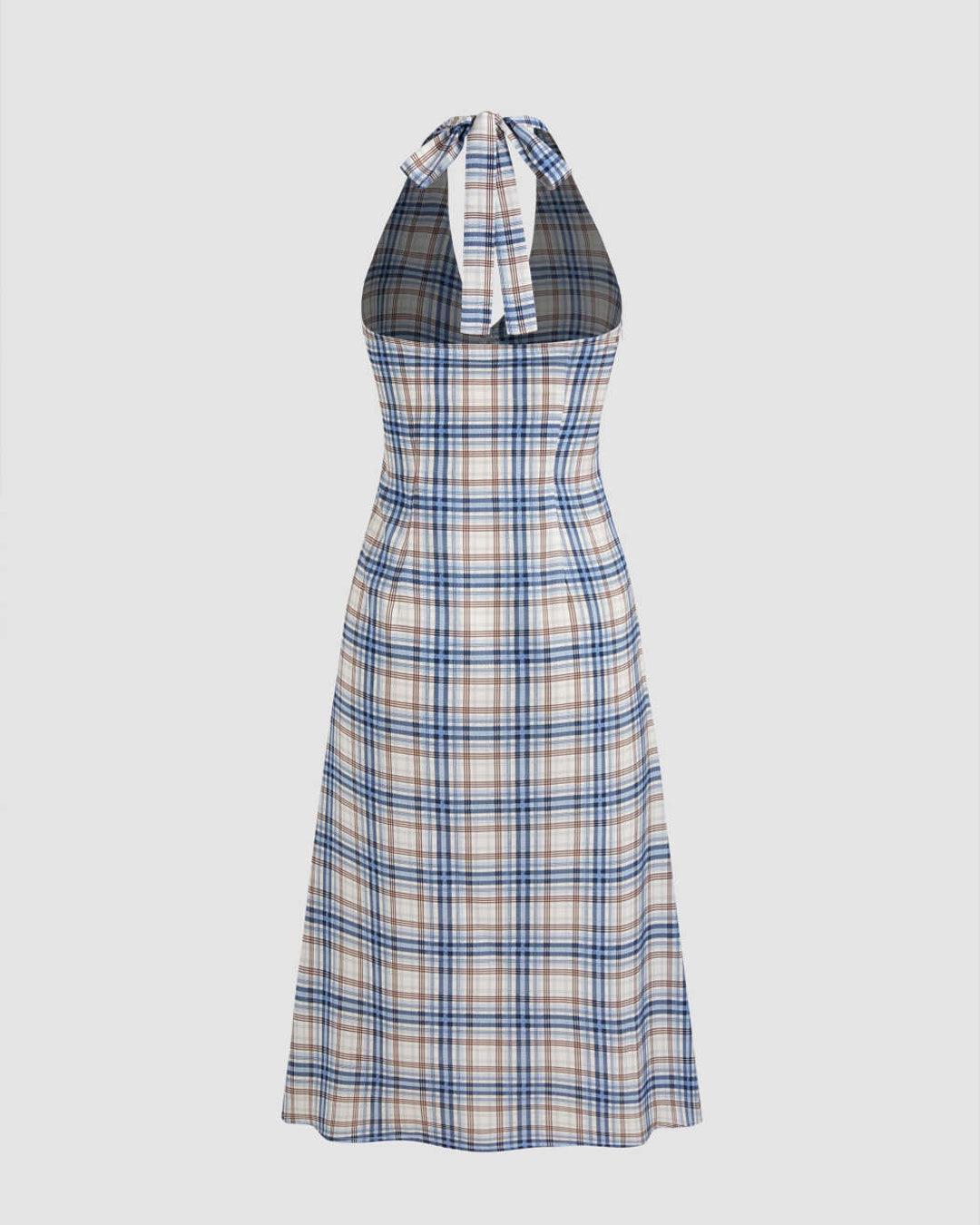 Woven Halter Check Knotted Midi Dress