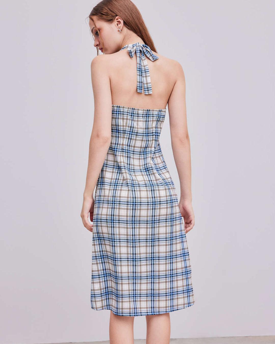 Woven Halter Check Knotted Midi Dress