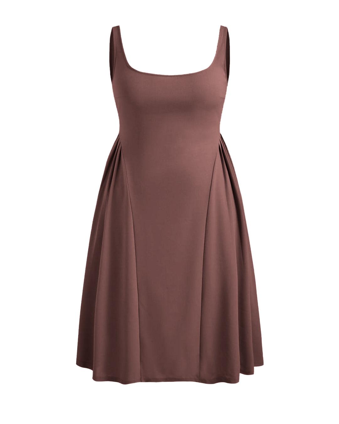 Woven Square Neck Solid Ruffle Long Brown Midi Dress Curve & Plus