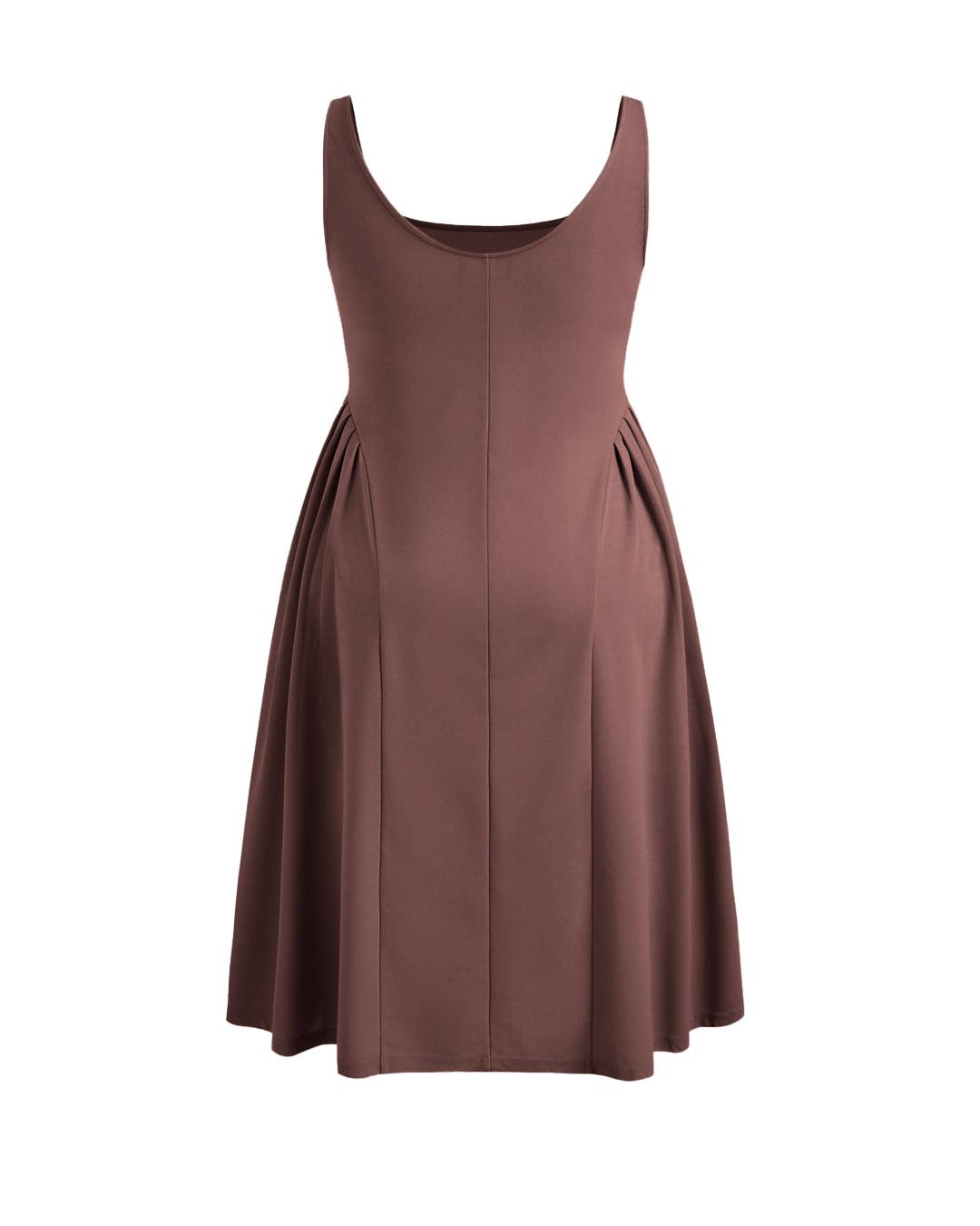 Woven Square Neck Solid Ruffle Long Brown Midi Dress Curve & Plus