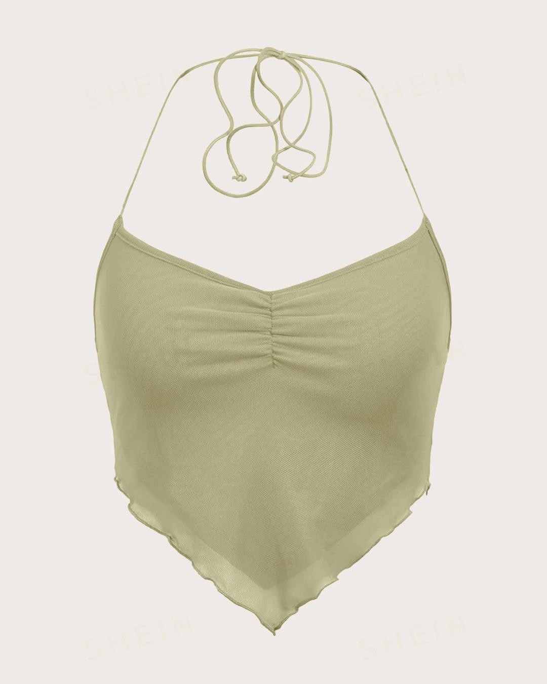 Y2K Ruched Tie Backless green Mesh Top