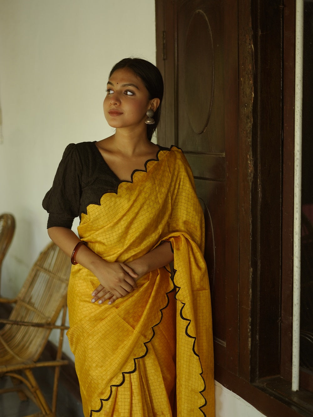 Exquisite Yellow Gadhwal Chex Saree with Arca Work and Lucknowi Work Blouse