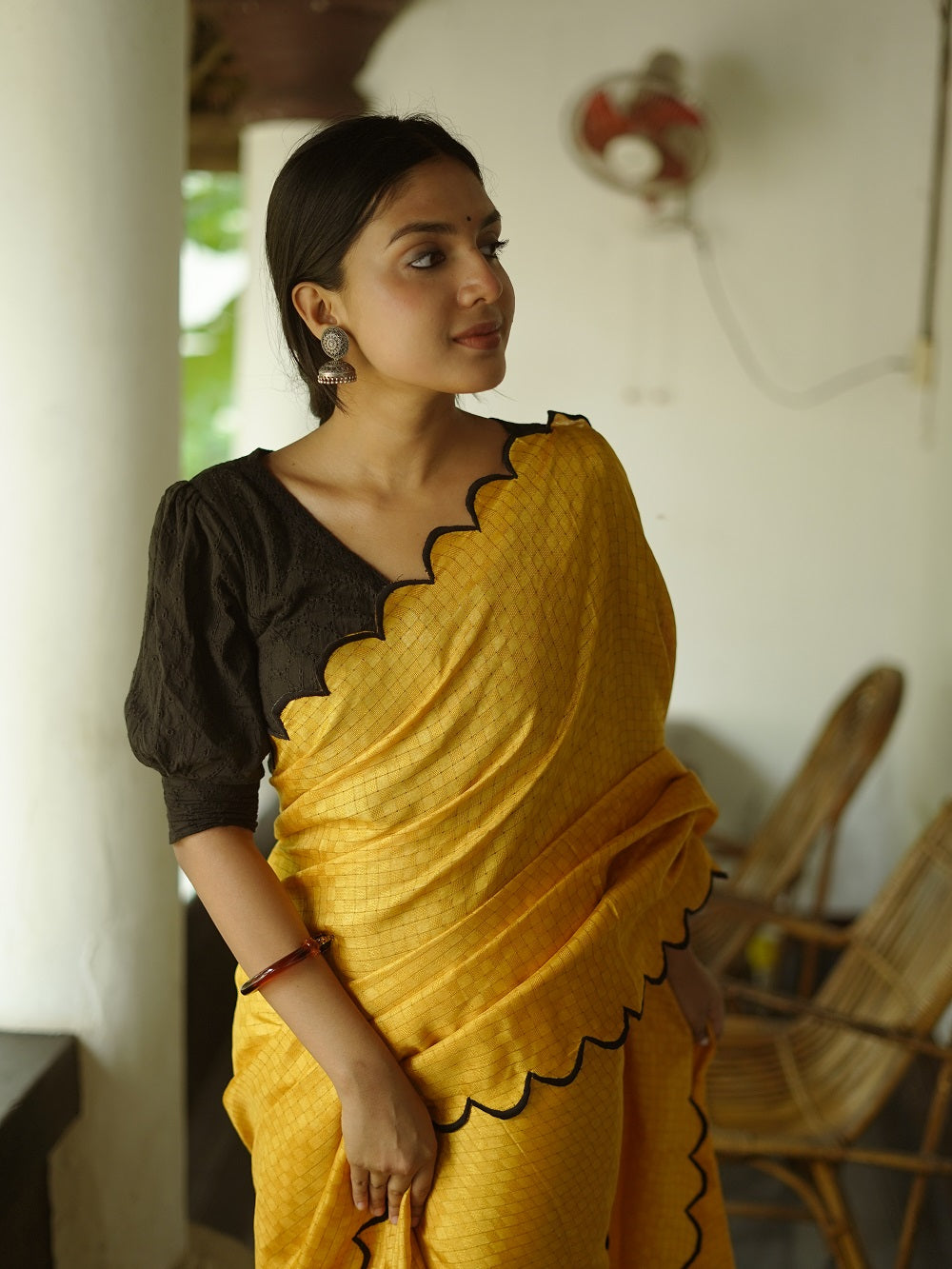 Exquisite Yellow Gadhwal Chex Saree with Arca Work and Lucknowi Work Blouse