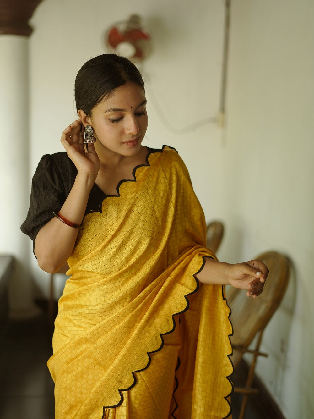 Exquisite Yellow Gadhwal Chex Saree with Arca Work and Lucknowi Work Blouse