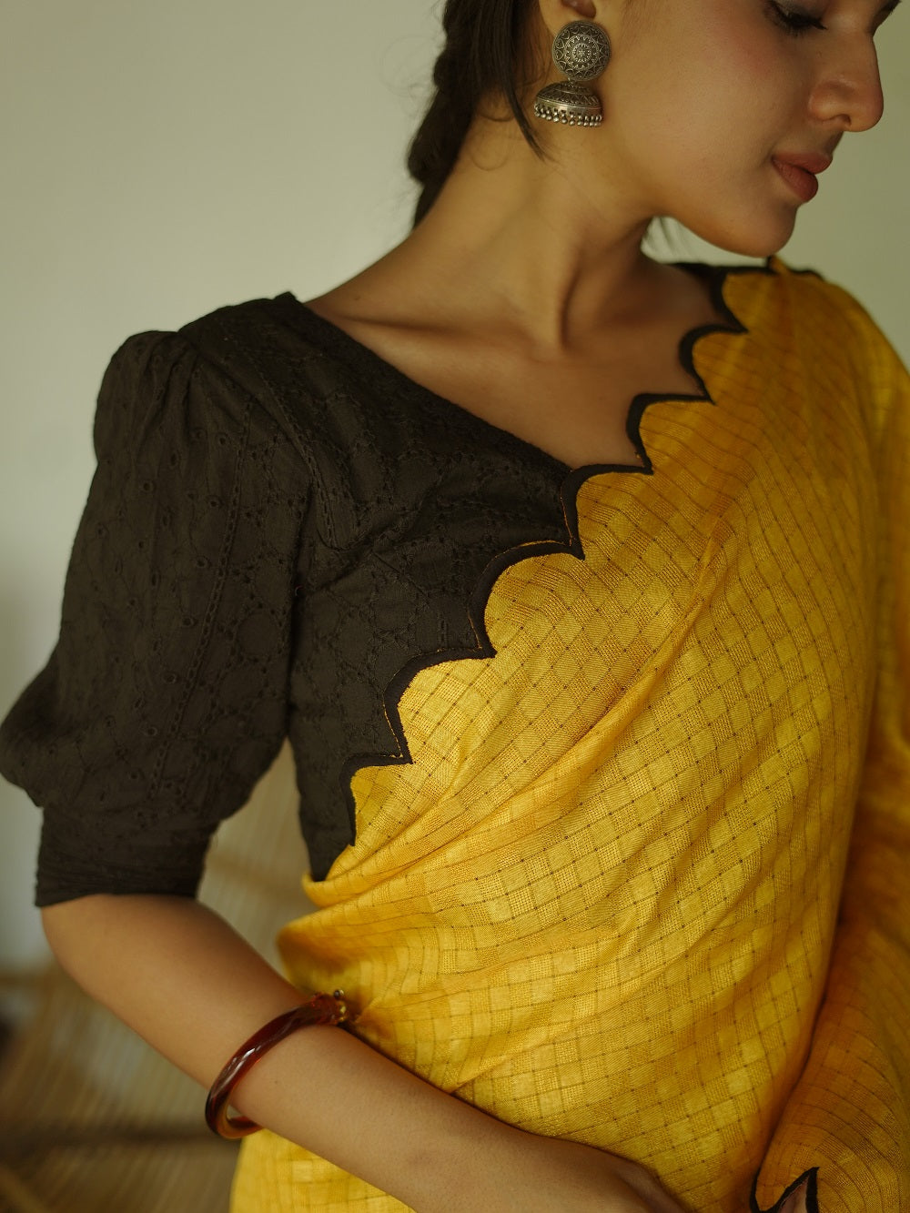 Exquisite Yellow Gadhwal Chex Saree with Arca Work and Lucknowi Work Blouse