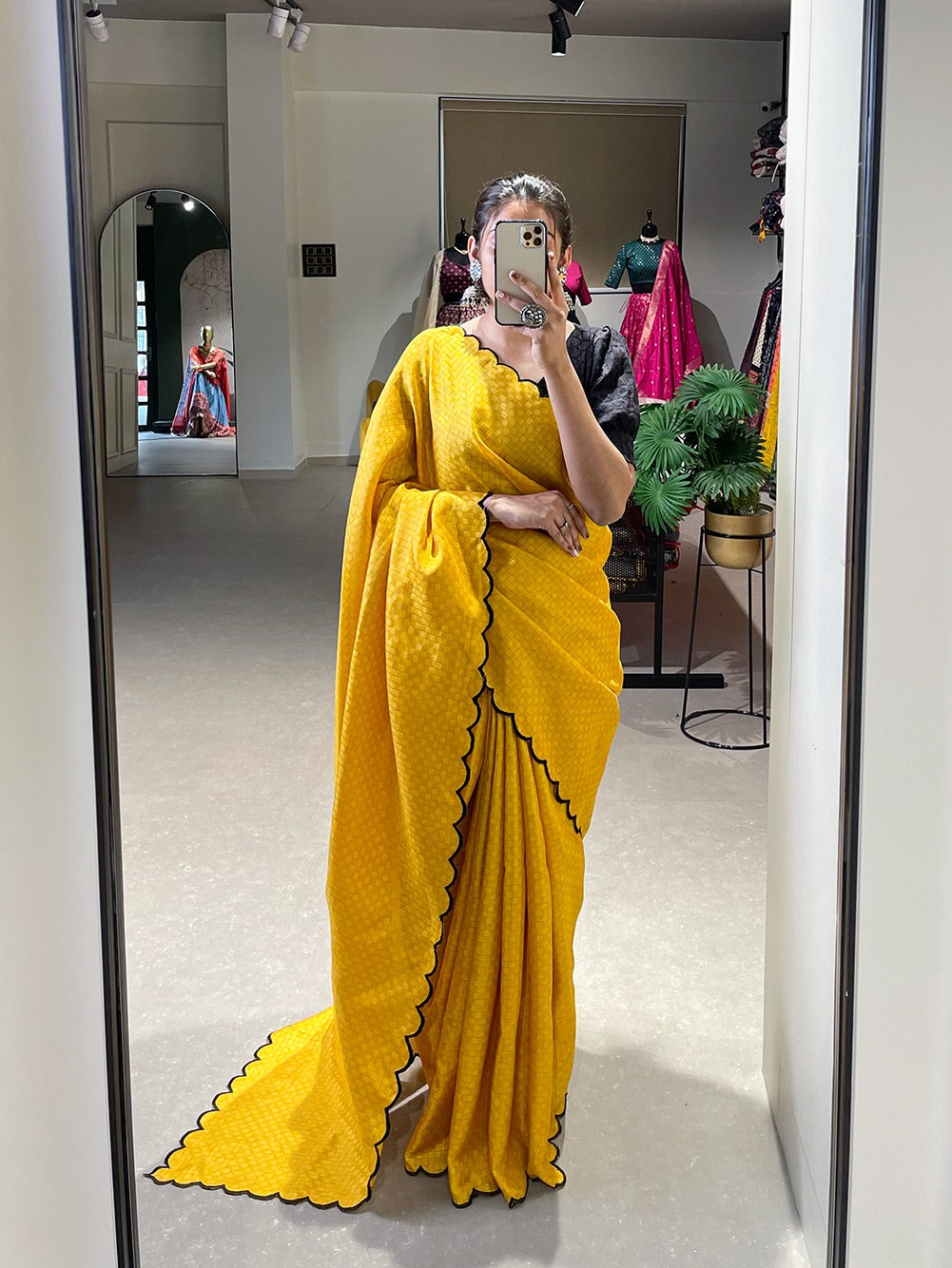 Exquisite Yellow Gadhwal Chex Saree with Arca Work and Lucknowi Work Blouse