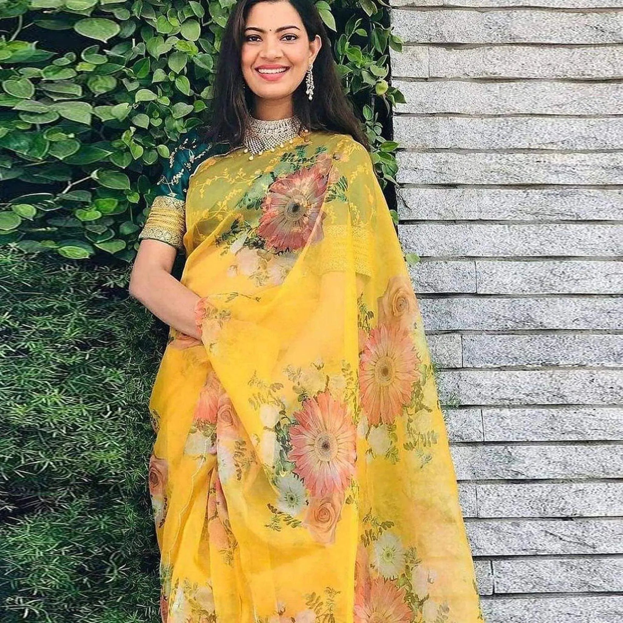 Yellow Saree in Organza Silk with Floral Print for Haldi and Wedding