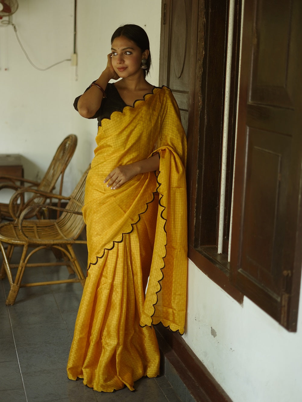 Exquisite Yellow Gadhwal Chex Saree with Arca Work and Lucknowi Work Blouse