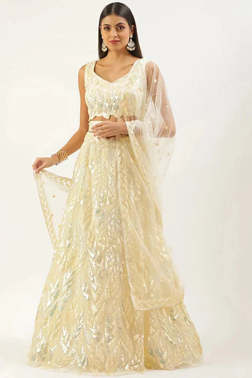 Yellow Soft Net Lehenga Choli with Thread Embroidery