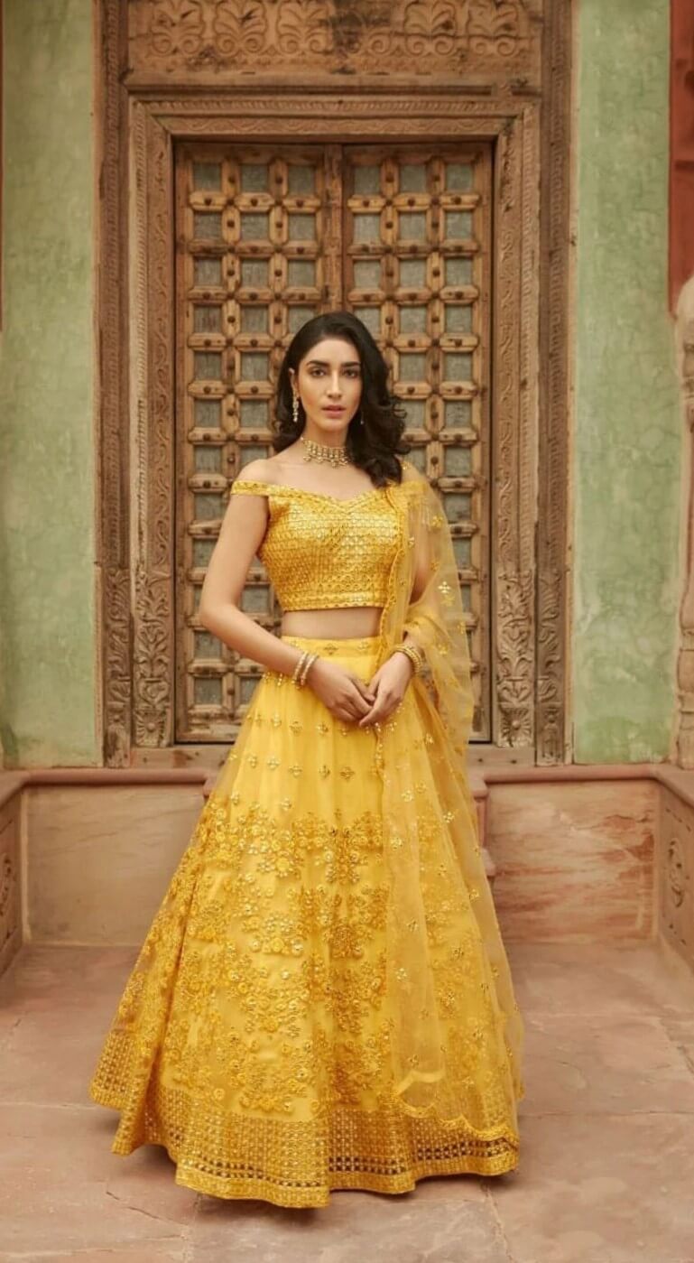 Yellow Embroidered Semi-Stitched Lehenga In Pure Organza