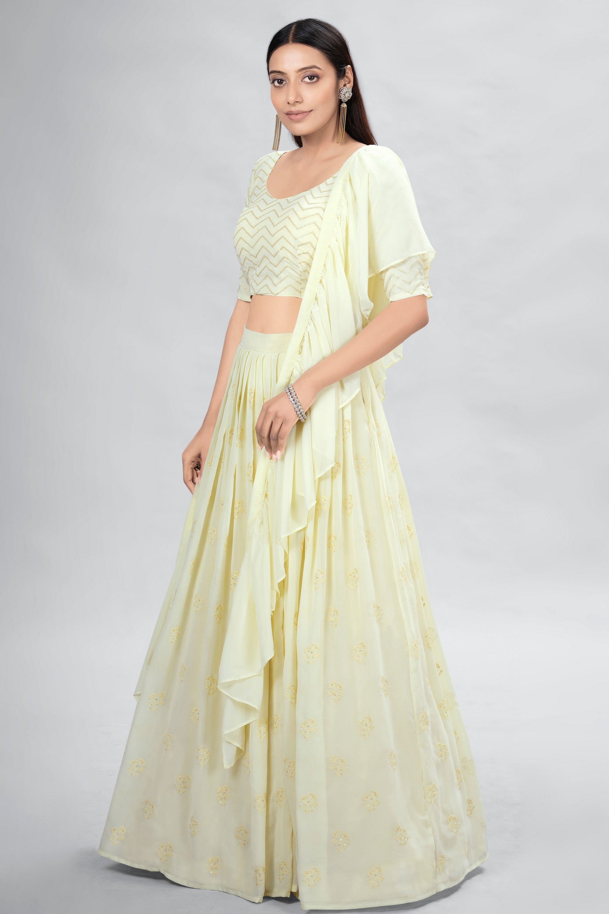 Yellow Indian Georgette Lehenga Choli With Ruffle Dupatta For Indian Festival & Weddings - Sequence Embroidery Work,
