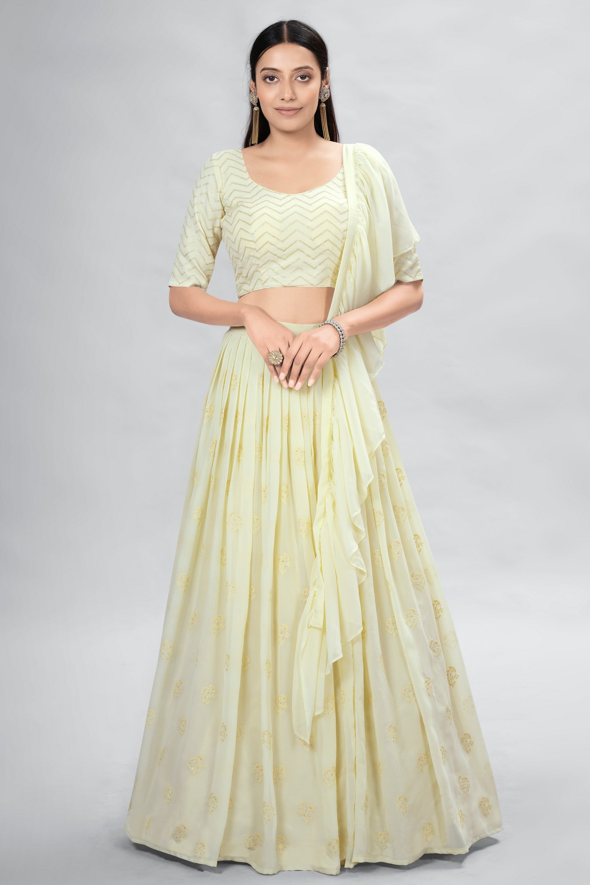 Yellow Indian Georgette Lehenga Choli With Ruffle Dupatta For Indian Festival & Weddings - Sequence Embroidery Work,