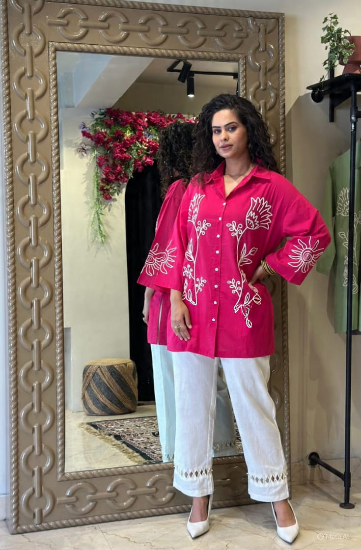 A-Line Cotton Kurta Pant Set with Embroidery & Pocket