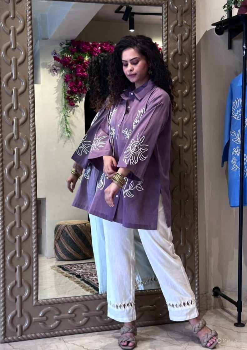 A-Line Cotton Kurta Pant Set with Embroidery & Pocket
