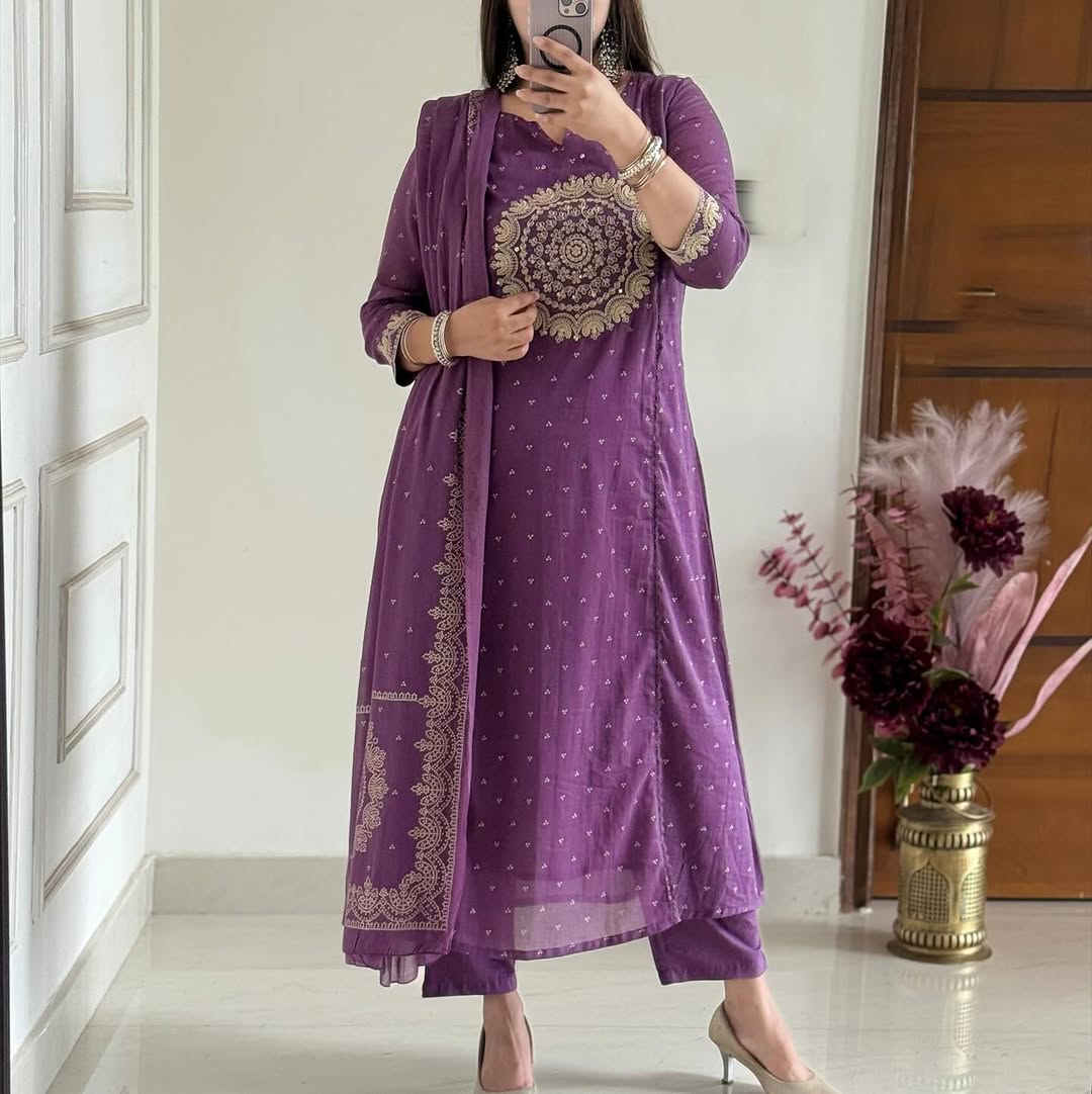 A-Line Cotton Kurti Set with Embroidered Yoke & Dupatta