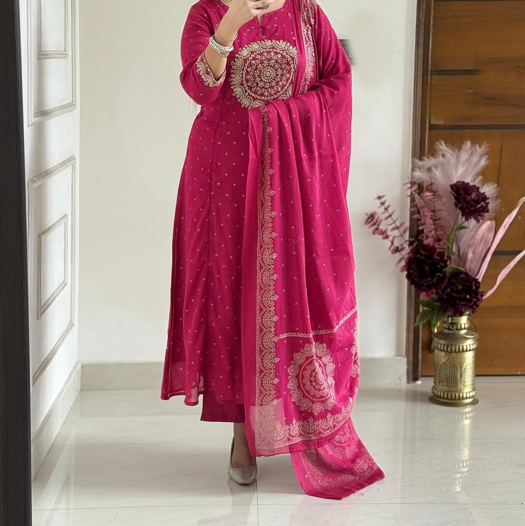 A-Line Cotton Kurti Set with Embroidered Yoke & Dupatta