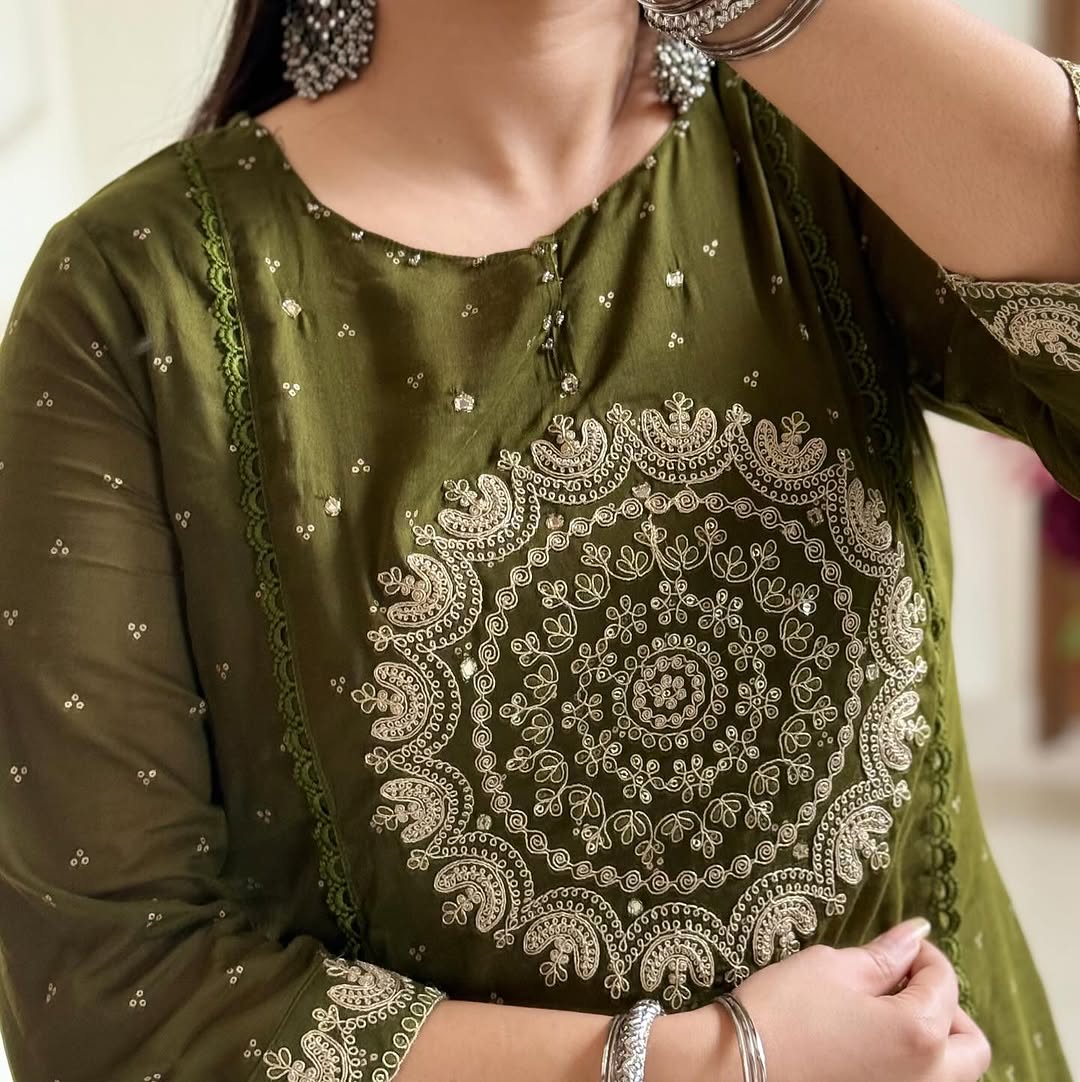 A-Line Cotton Kurti Set with Embroidered Yoke & Dupatta