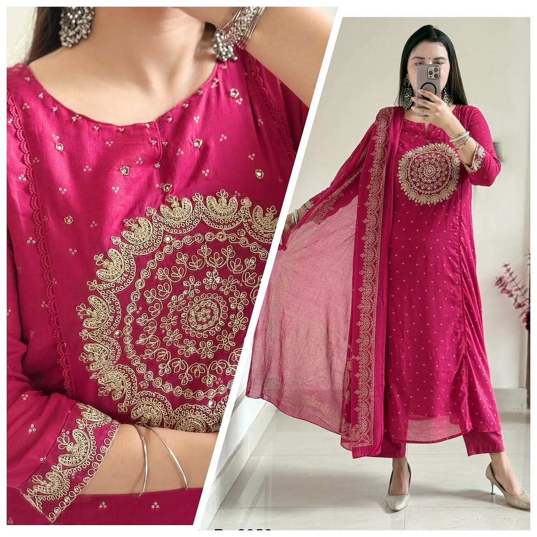 A-Line Cotton Kurti Set with Embroidered Yoke & Dupatta