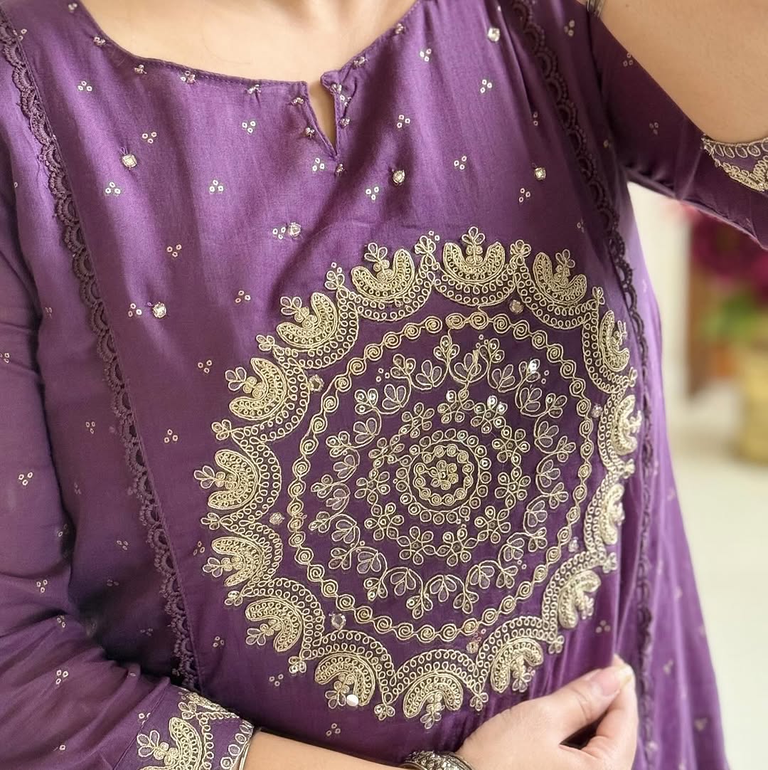 A-Line Cotton Kurti Set with Embroidered Yoke & Dupatta