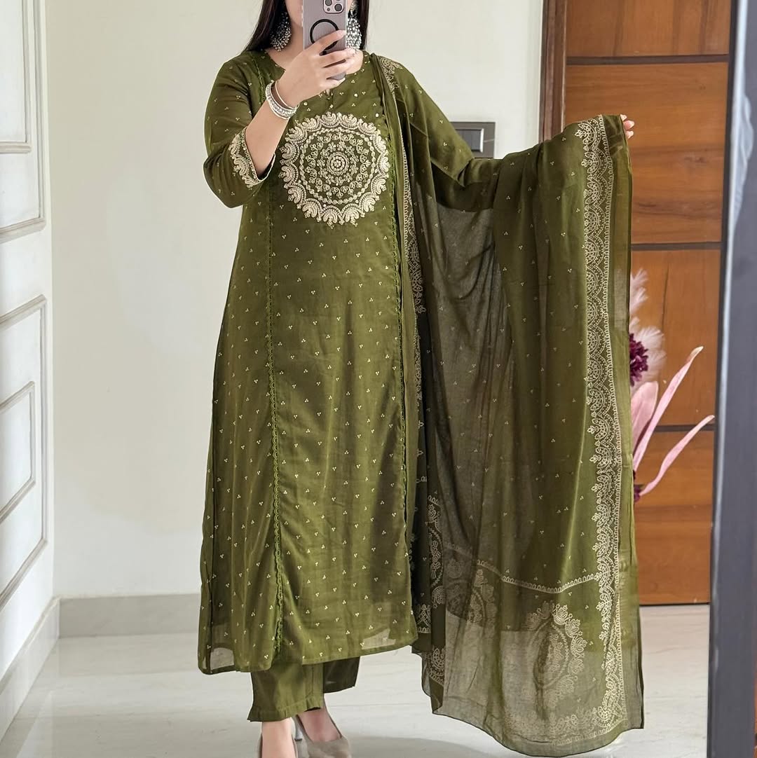 A-Line Cotton Kurti Set with Embroidered Yoke & Dupatta