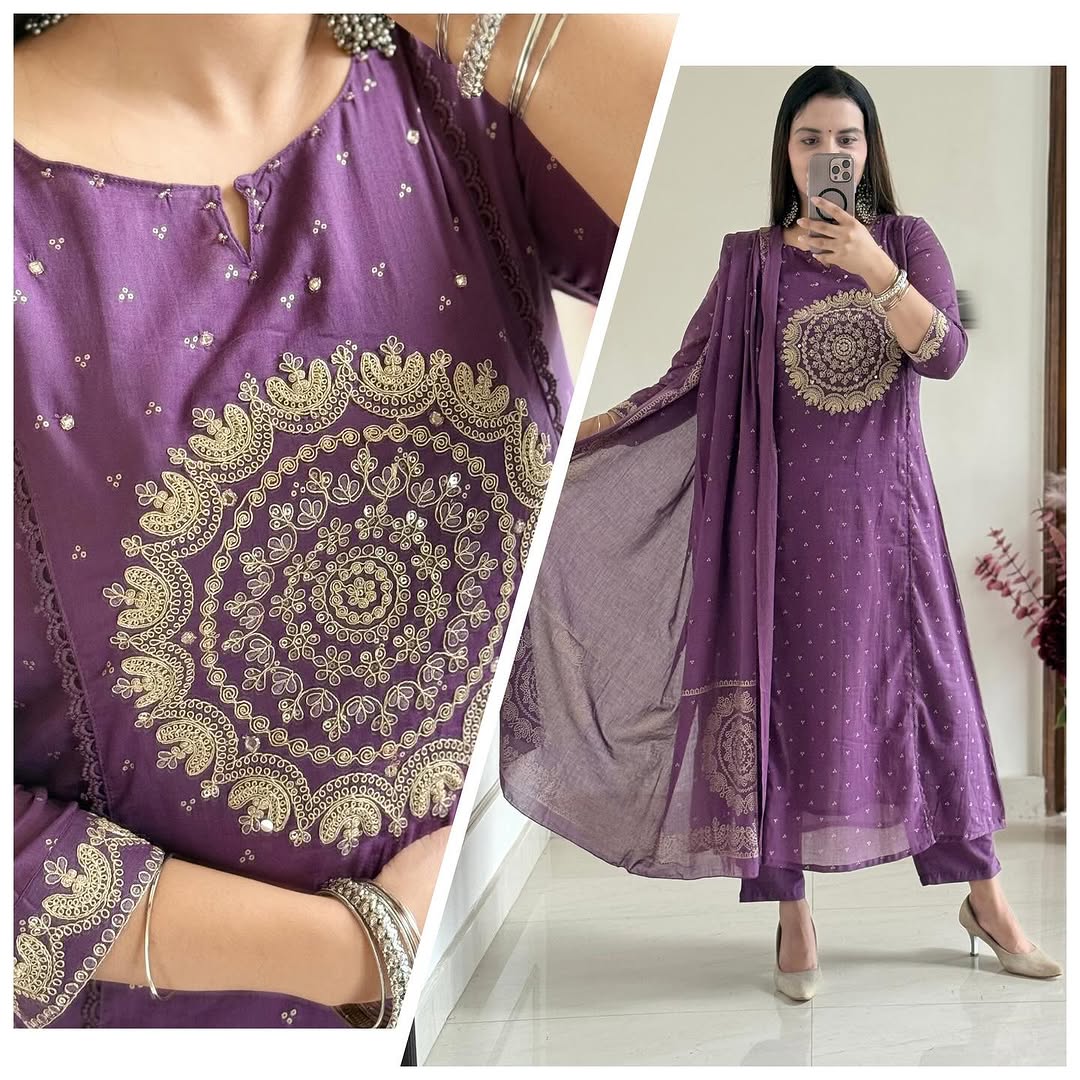 A-Line Cotton Kurti Set with Embroidered Yoke & Dupatta