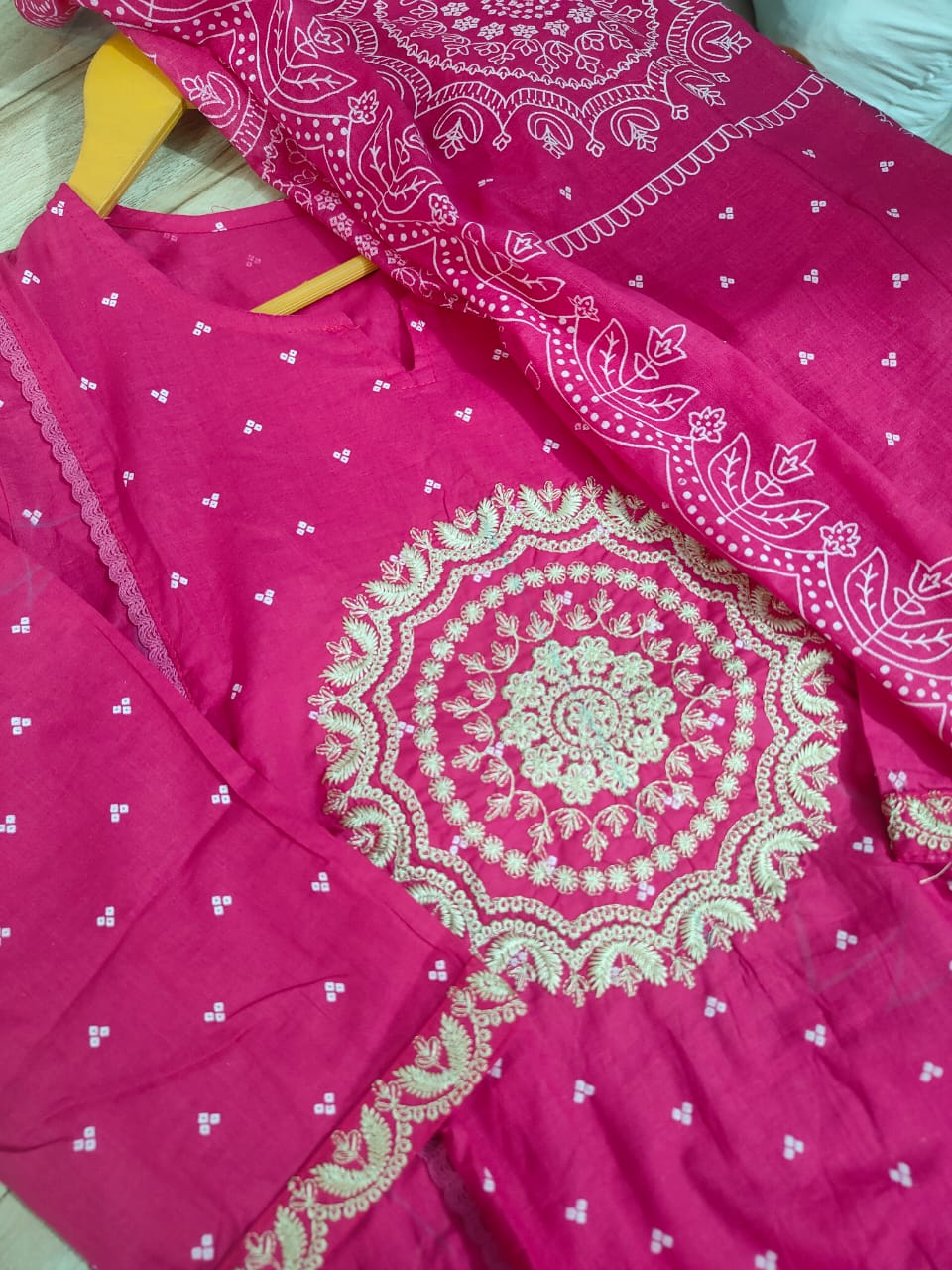 A-Line Cotton Kurti Set with Embroidered Yoke & Dupatta