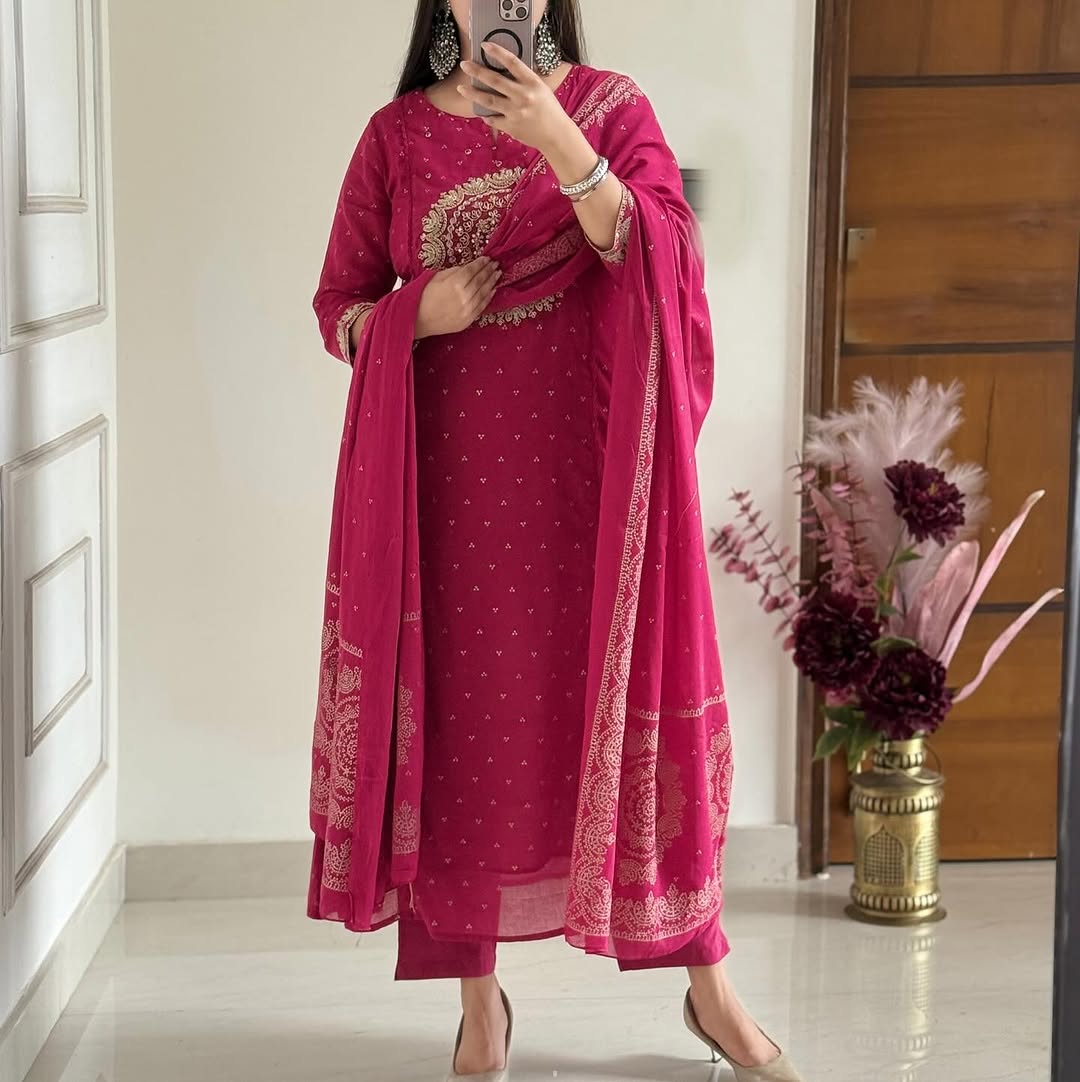 A-Line Cotton Kurti Set with Embroidered Yoke & Dupatta