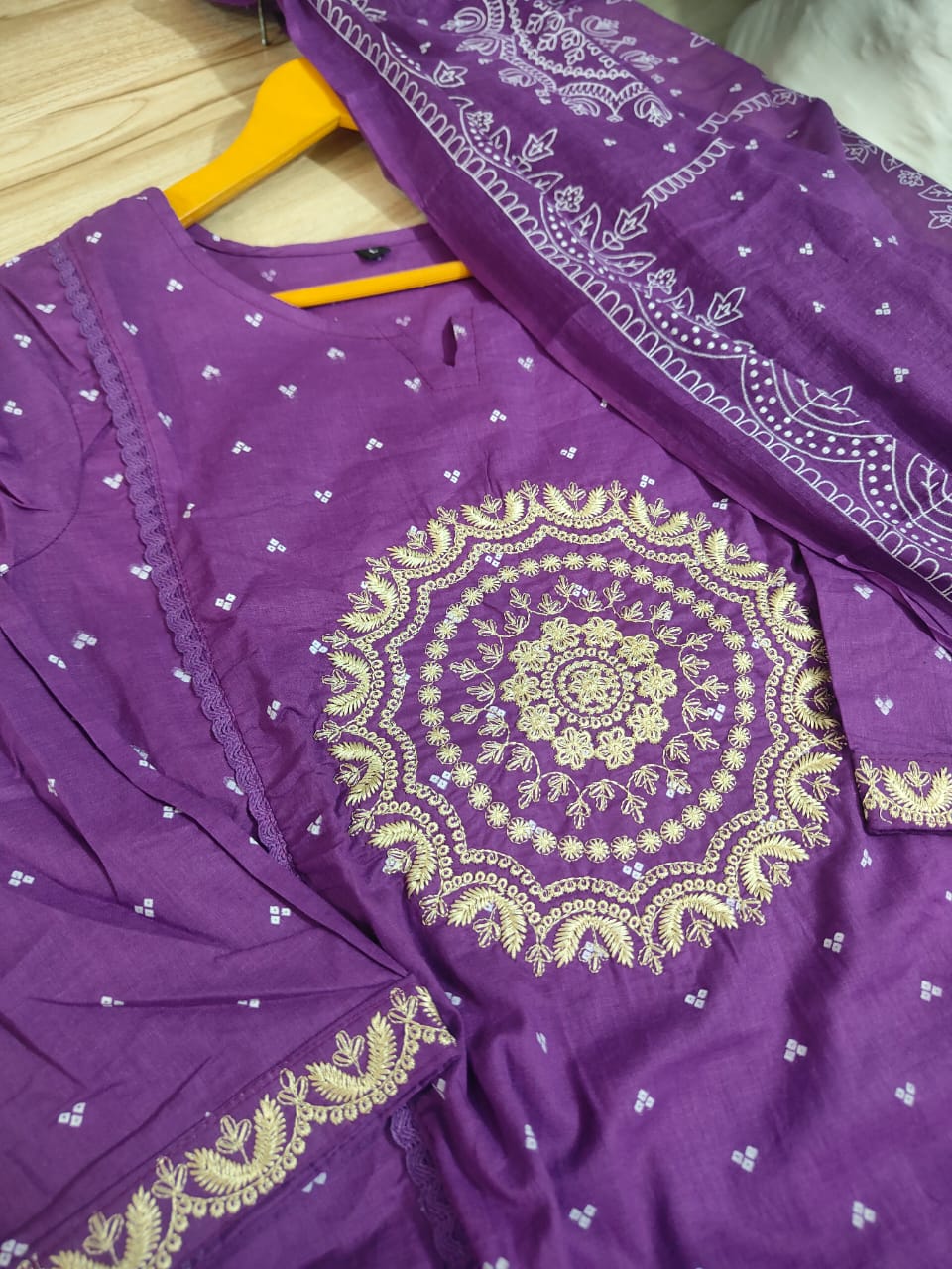 A-Line Cotton Kurti Set with Embroidered Yoke & Dupatta