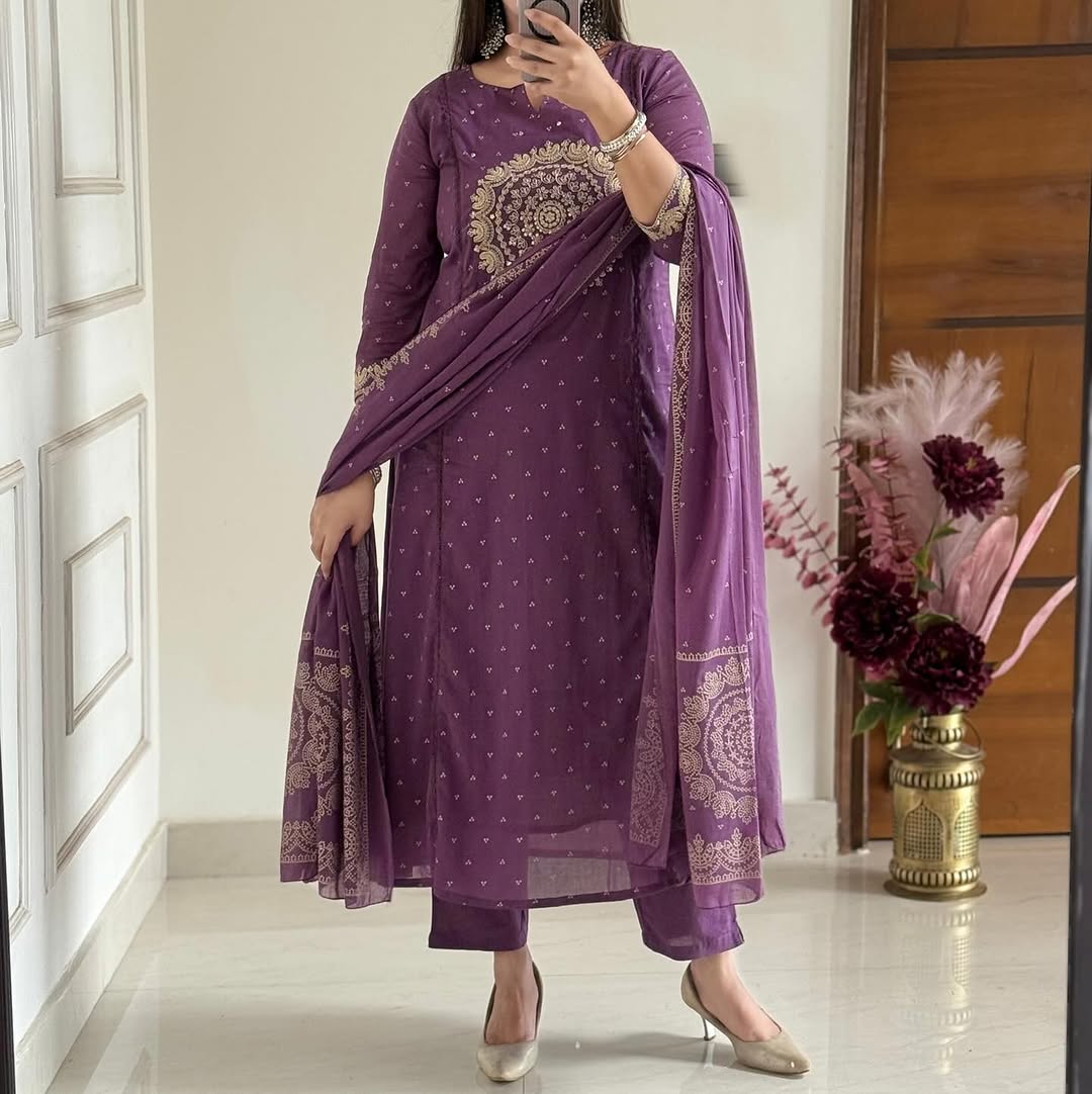 A-Line Cotton Kurti Set with Embroidered Yoke & Dupatta